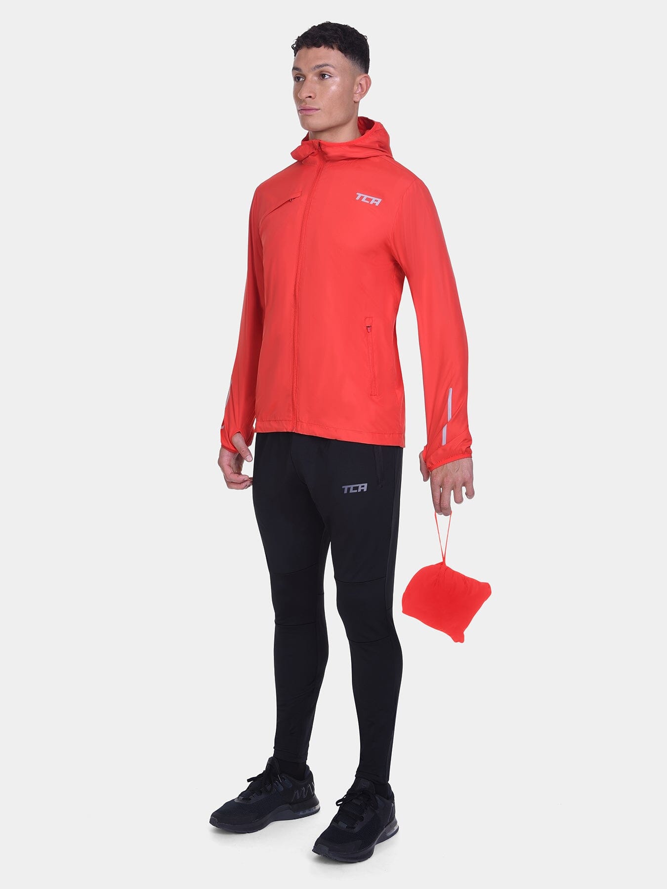 Softshell Packable Running Water Repellant Hooded Jacket For Men With Thumbholes, Reflective Strips & Zip Pockets