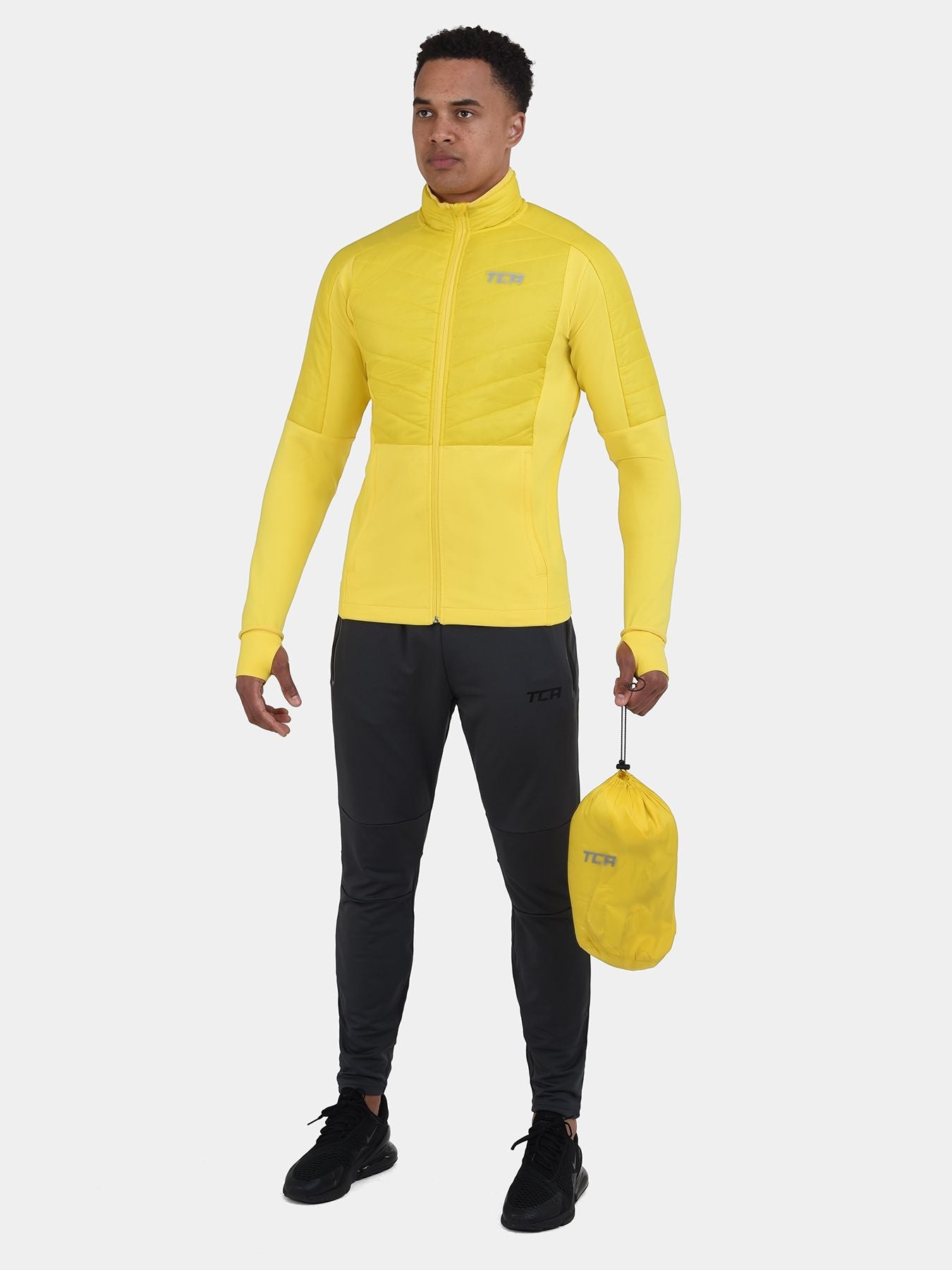 Excel Running Padded Packable Hooded Jacket For Men With Thumbholes, Underarm Ventilation Zips, Zip Pockets & Reflective Strips